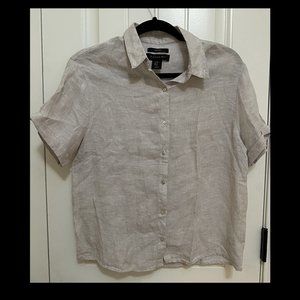 Tahari 100% Linen Mushroom Color Full Button Down Short Sleeve Blouse XS